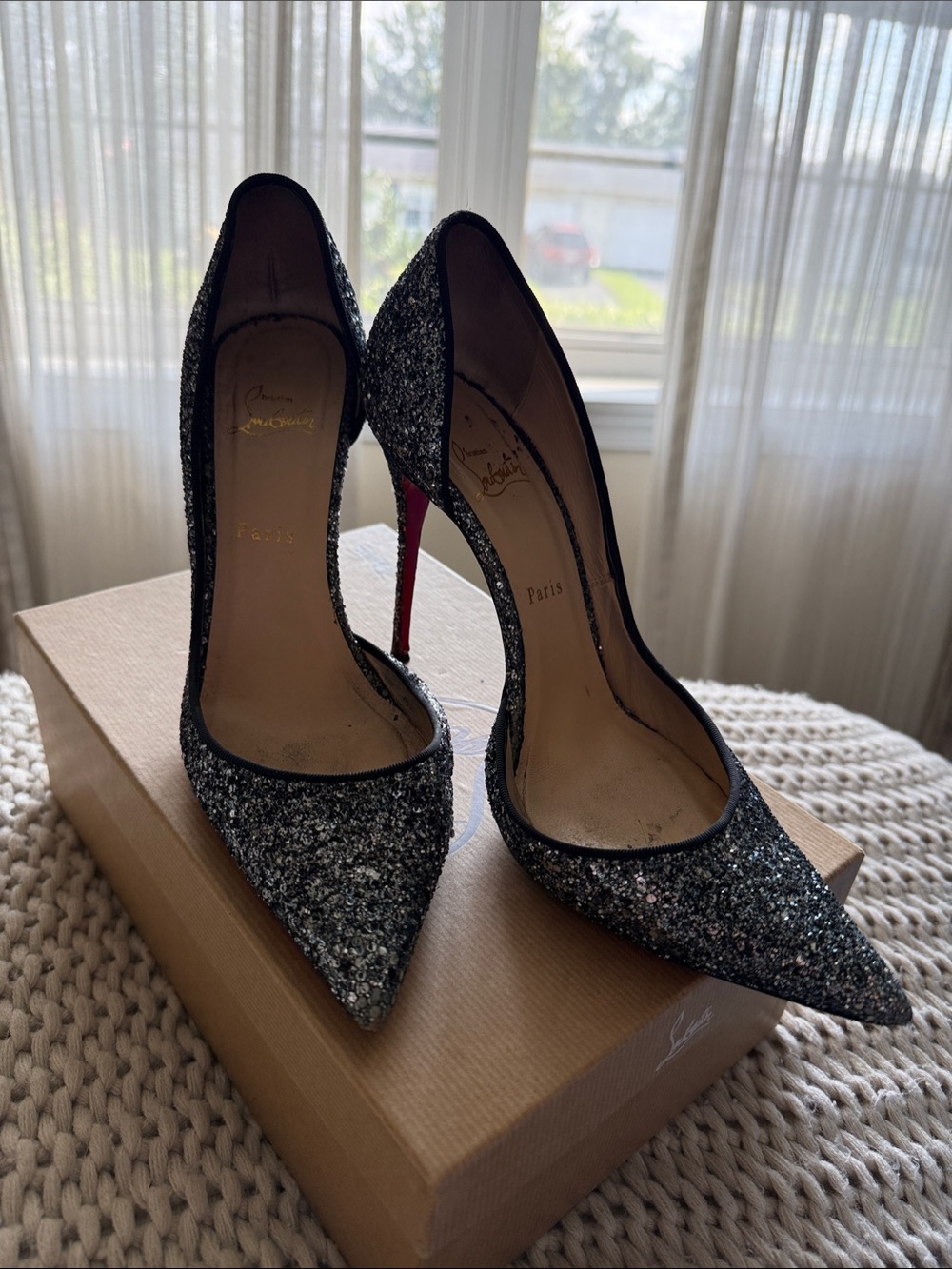 Christian Louboutin Black Glitter Pointed Toe Pumps with Red Heel